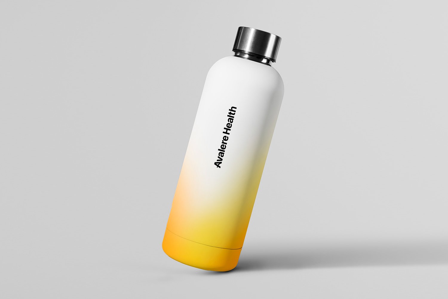 A white cylindrical bottle with a black cap, labeled 'Avalere Health' and a yellow gradient at the bottom, placed on a light gray background.