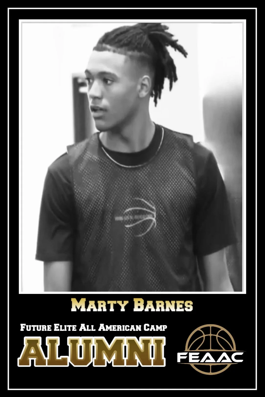 A young male basketball player in a white and black jersey, blue shorts, and black Nike sneakers is jumping near the basketball hoop in an indoor gym, with other people watching in the background and the text "Future Elite All American Camp" on the image.