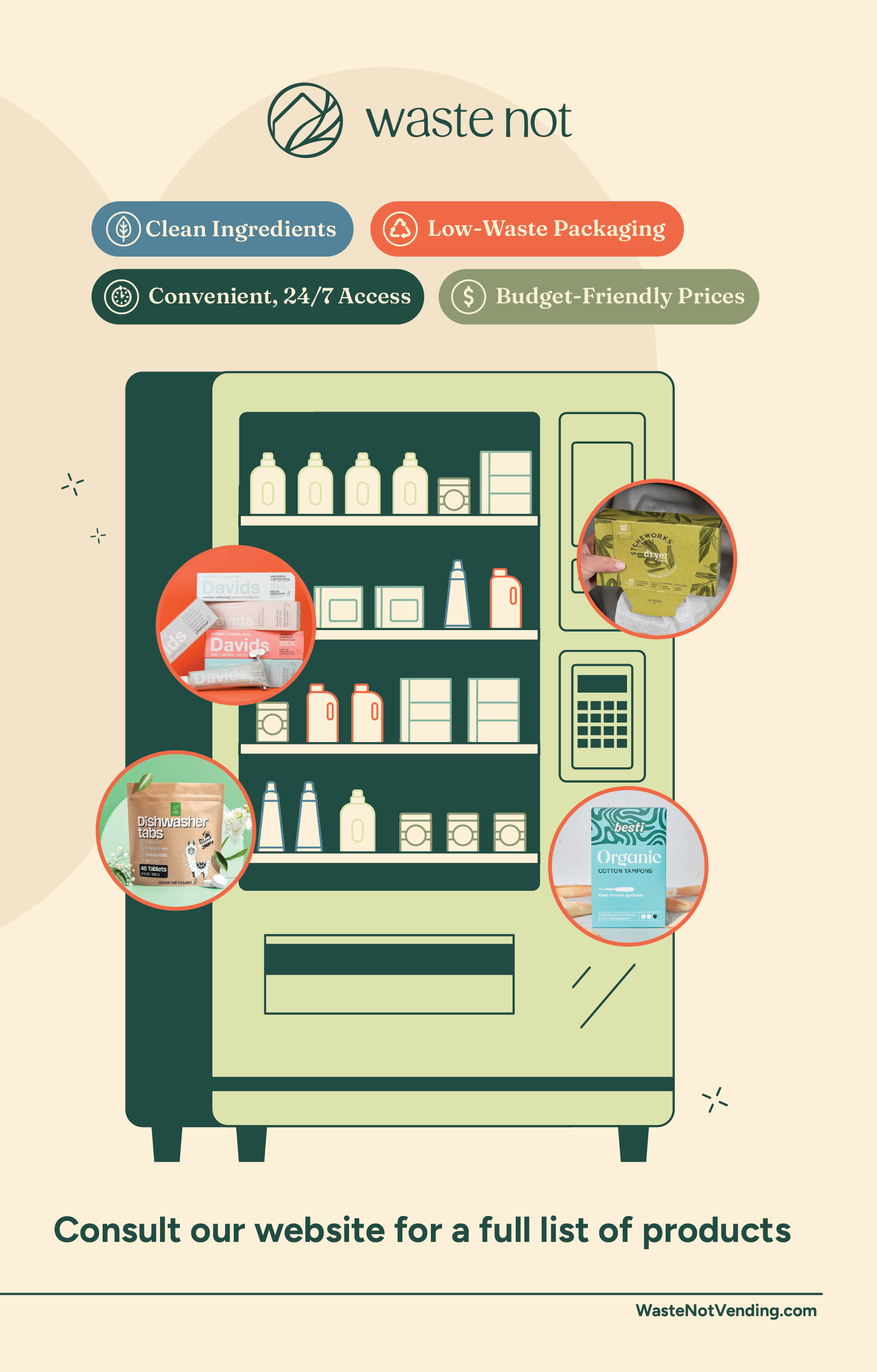 A vending machine animation with images of products like toothpaste, dishwasher tablets, tampons, and fabric softener