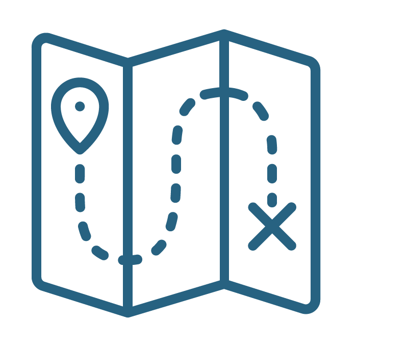 Line drawing of a folded map with a location pin and a route marked, ending at an X.