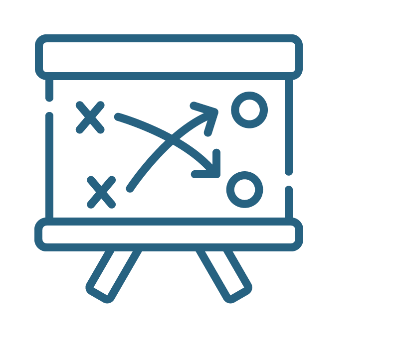 A chalkboard with a sports strategy diagram showing X and O players, with arrows indicating movement or plays.
