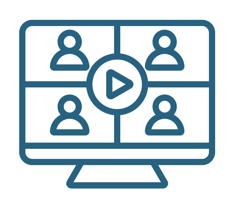 Icon of a computer monitor displaying a video conference with four participants in a grid and a play button in the center.