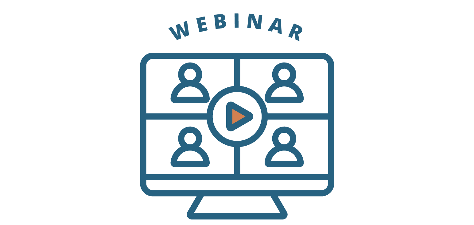 Line drawing of a webcam with four people, a play button at the center, and the word "Webinar" above.