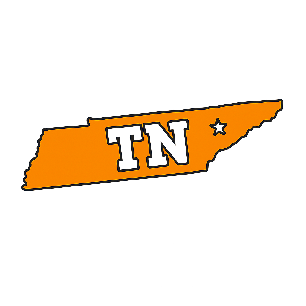 A stylized outline of the state of Tennessee in orange with the letters 'TN' and a star inside the shape.