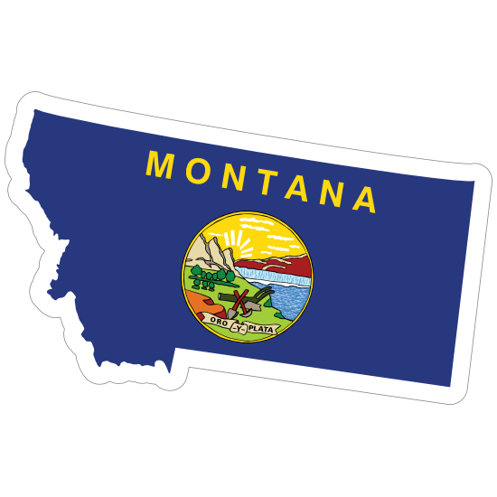 Sticker of the Montana state outline with the state flag design inside, showing mountains, rivers, and green fields.