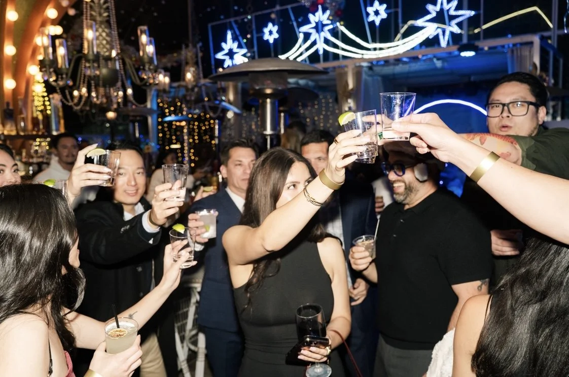 Holiday Christmas party rooftop winter wonderland Cocktail hour scenic view dtla