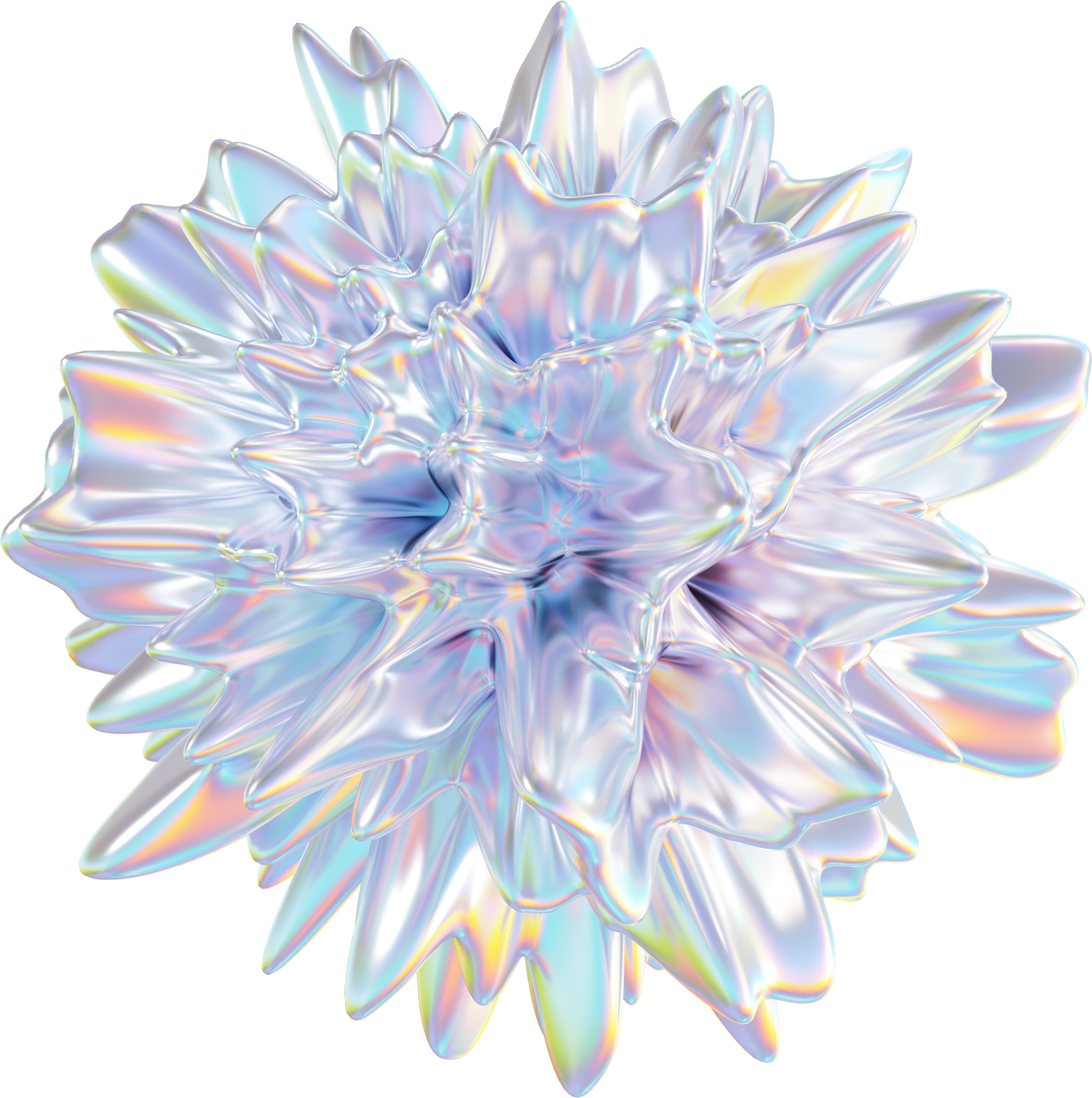 An iridescent, star-shaped ornament with multiple pointed petals against a black background.