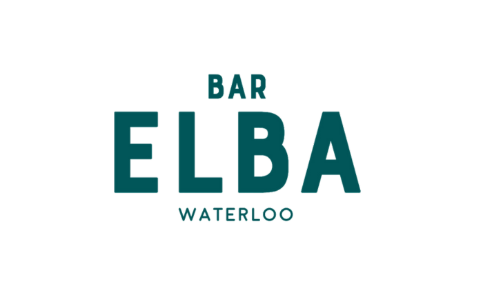 Logo for Bar Elba in Waterloo with the words 'Bar' above and 'Waterloo' below 'Elba' in teal font.