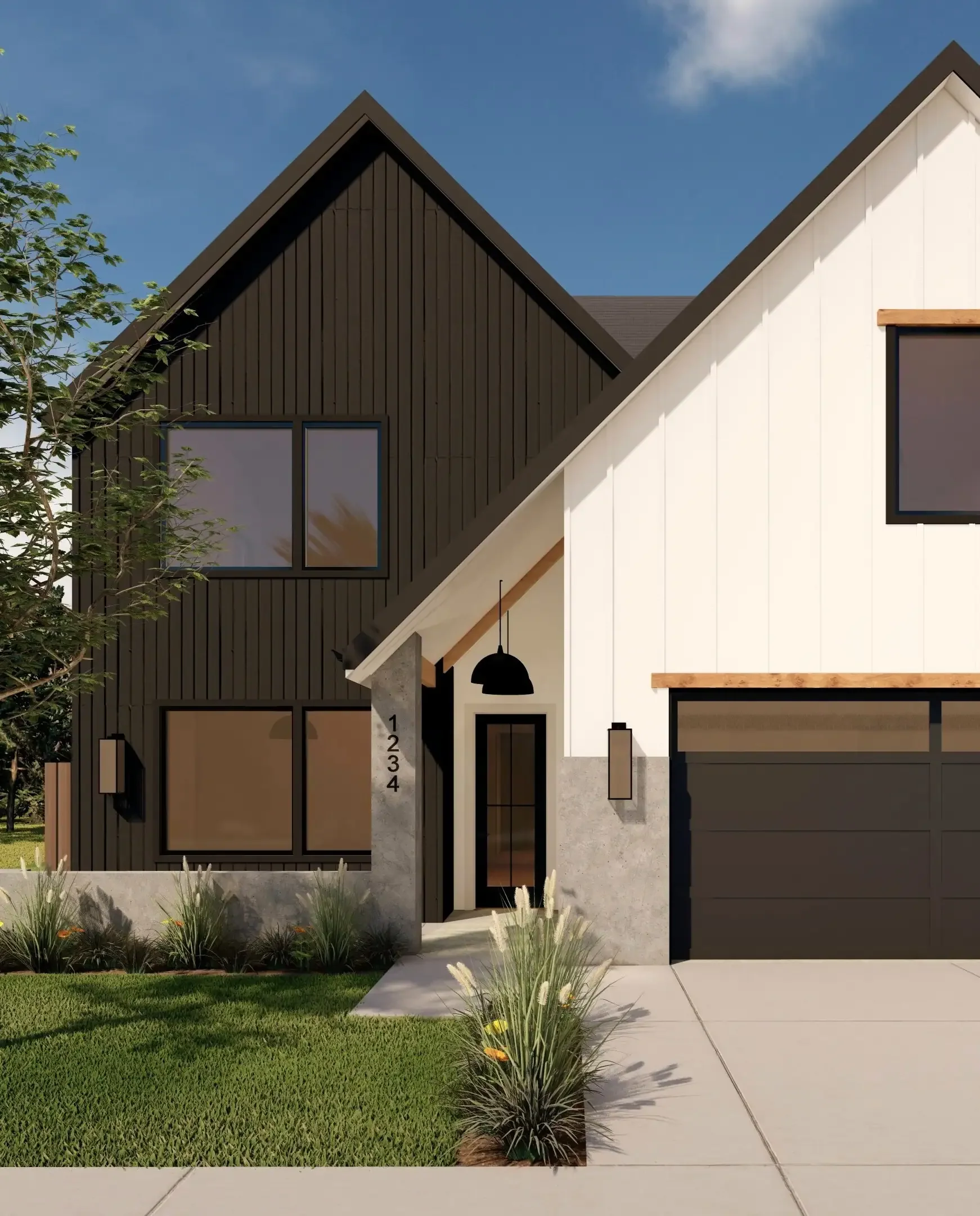 Modern two-story house with black and white siding, large windows, concrete accents, a black garage door, and landscaped front yard with grass and plants.