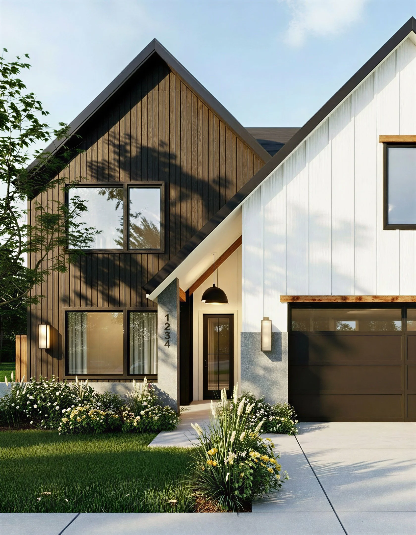 Modern two-story house with black and white siding, large windows, concrete accents, a black garage door, and landscaped front yard with grass and plants.