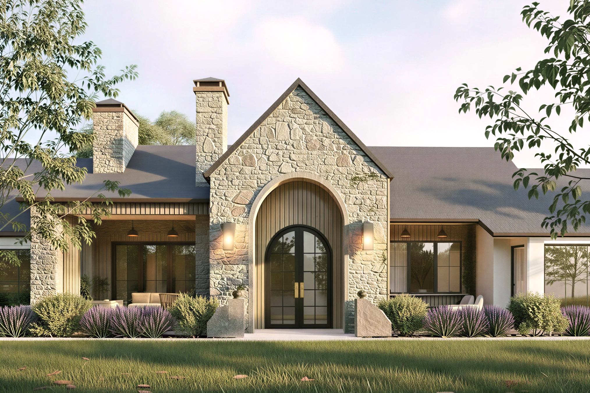 Modern one-story house with natural material siding, large windows, brick accents, and landscaped front yard with grass and plants.