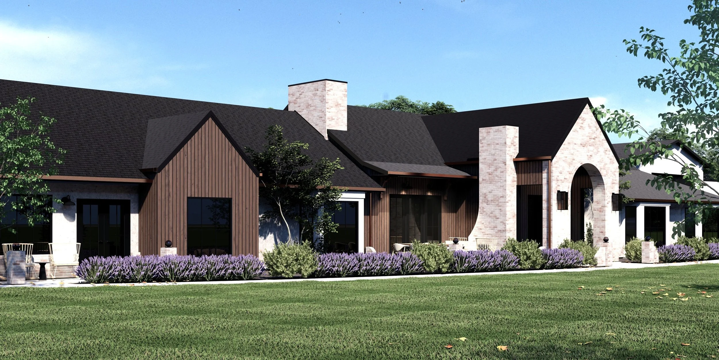 Modern one-story house with natural material siding, large windows, brick accents, and landscaped front yard with grass and plants.