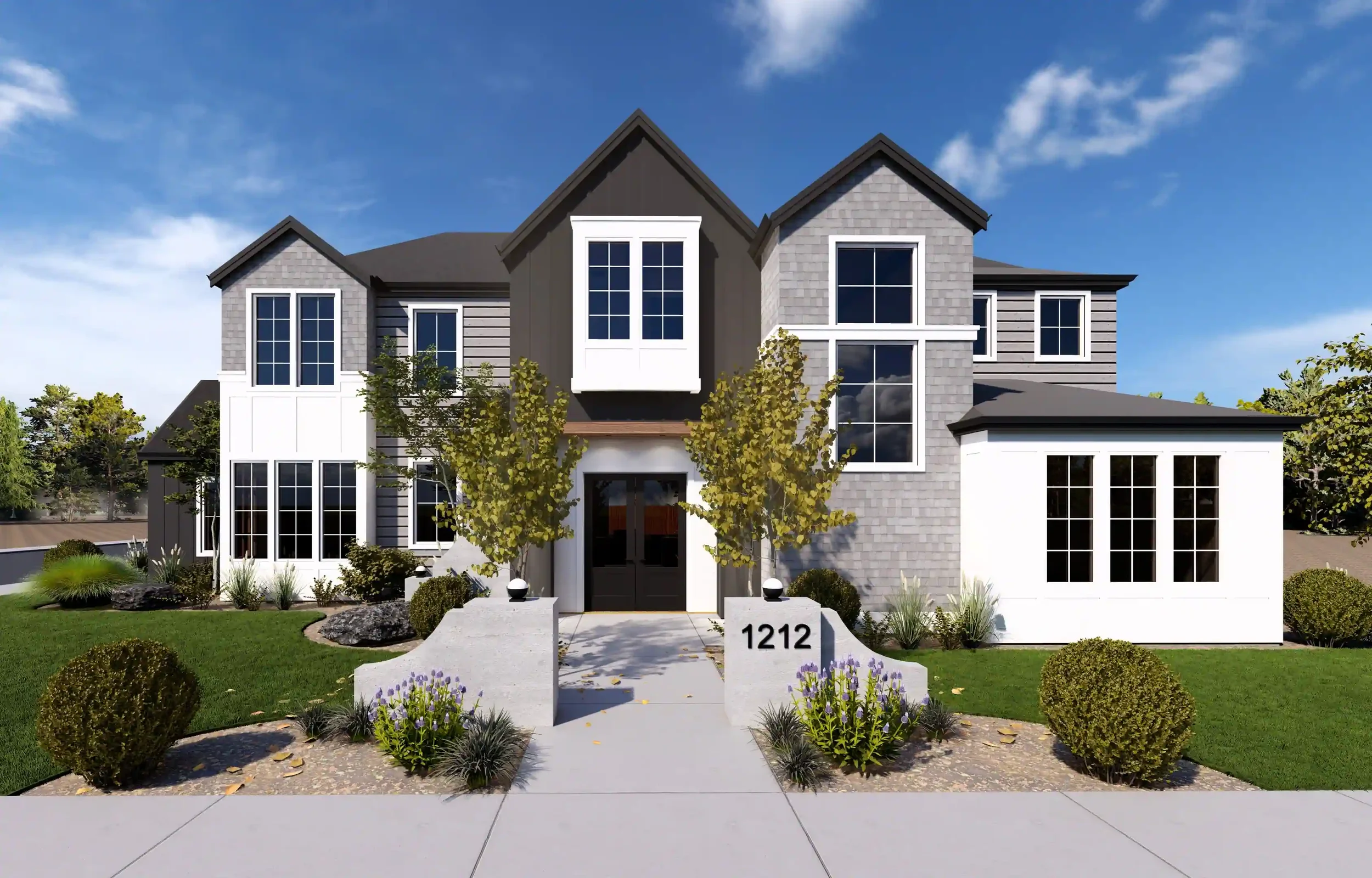 Modern two-story house with a gray and white exterior, large windows, and landscaped front yard with bushes, trees, and a walkway.