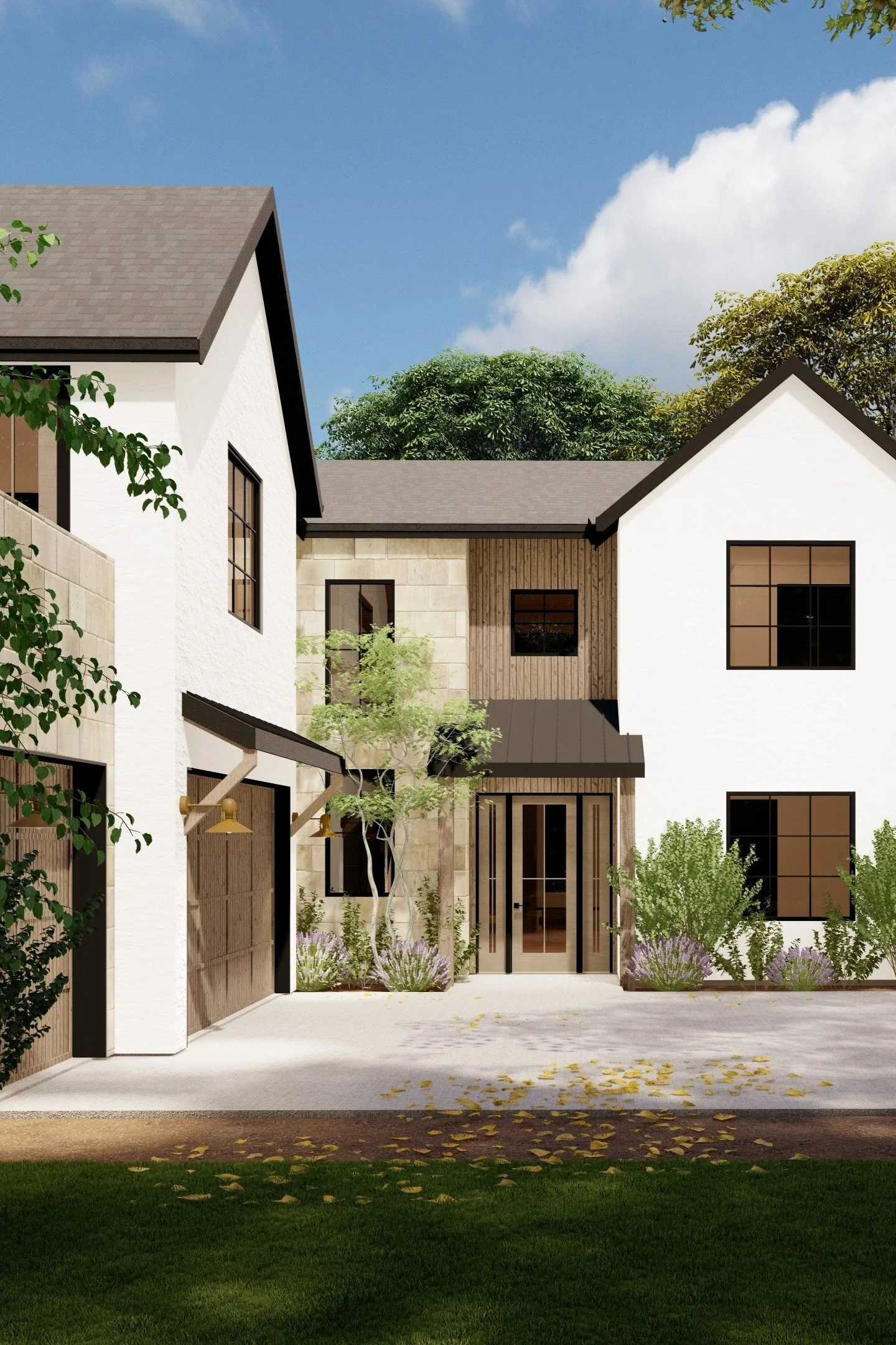 Modern two-story house with natural siding, large windows, concrete accents, a black garage door, and landscaped front yard with grass and plants.