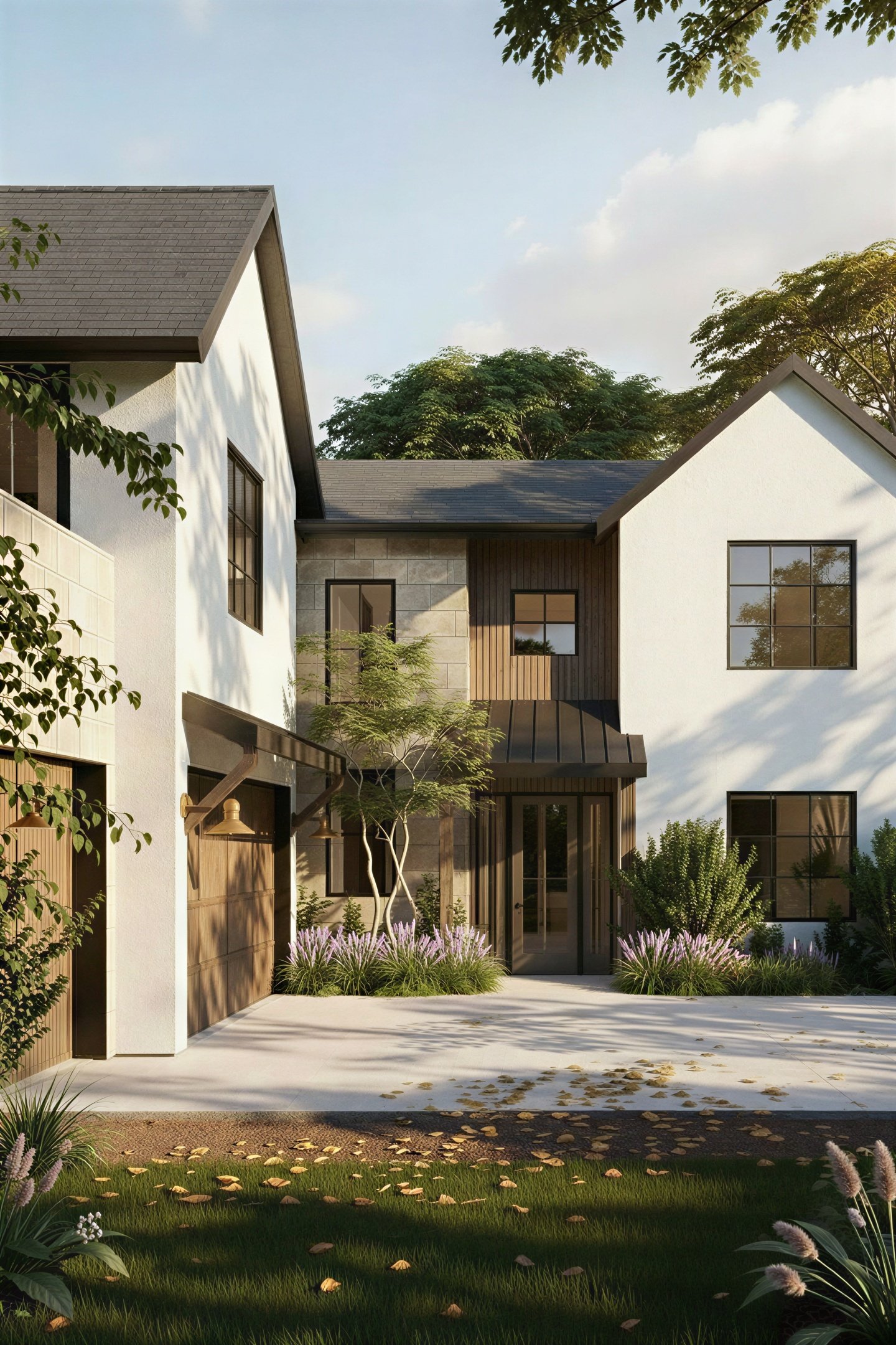 Modern two-story house with natural siding, large windows, concrete accents, a black garage door, and landscaped front yard with grass and plants.
