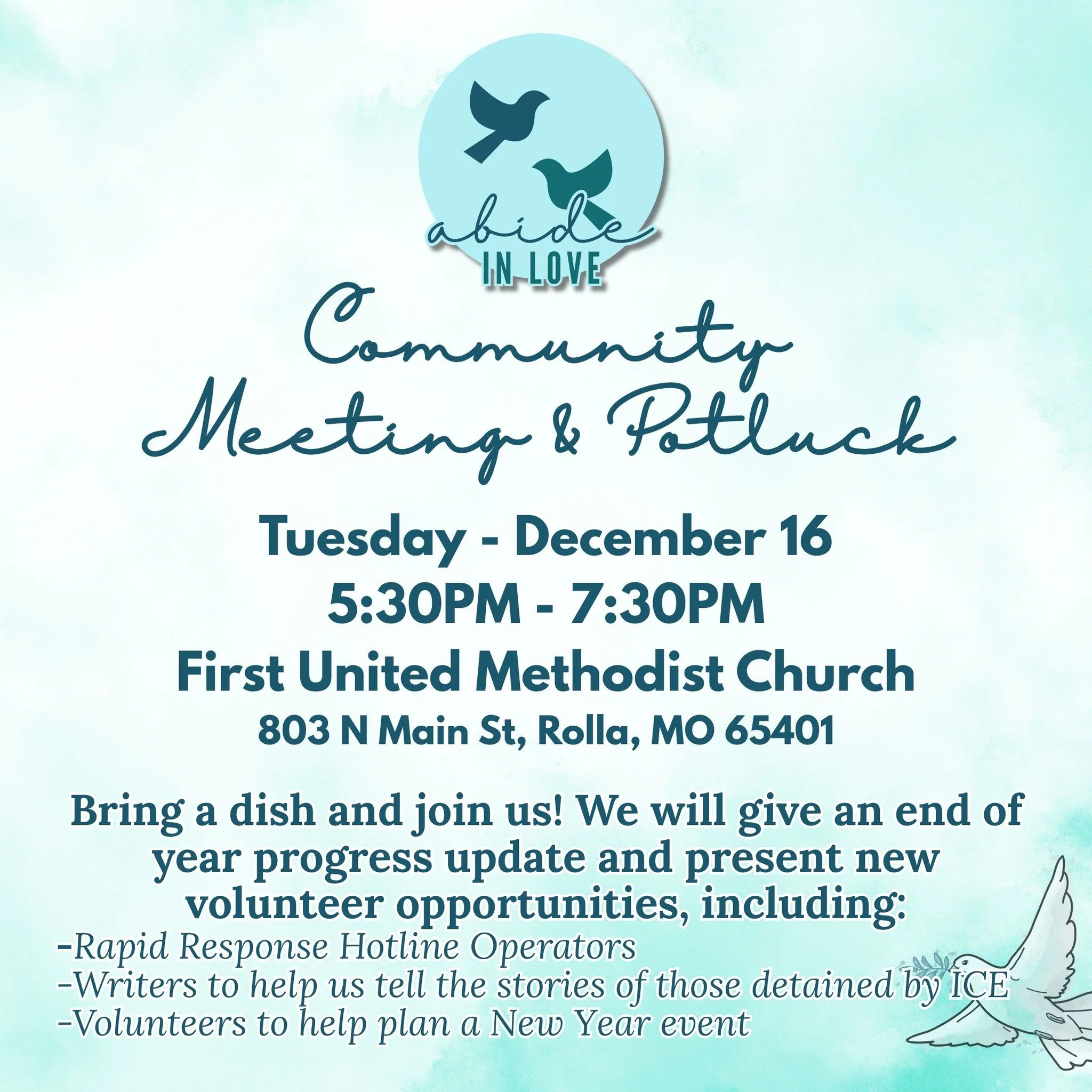 Join us this Tuesday [12/16] for our community meeting &amp; potluck at 1st United Methodist Church of Rolla, Missouri at 5:30pm.
All are welcome! 🕊 #RapidResponseSTL will join us &amp; discuss volunteer opportunities.

We hope to see you there. 🕊
