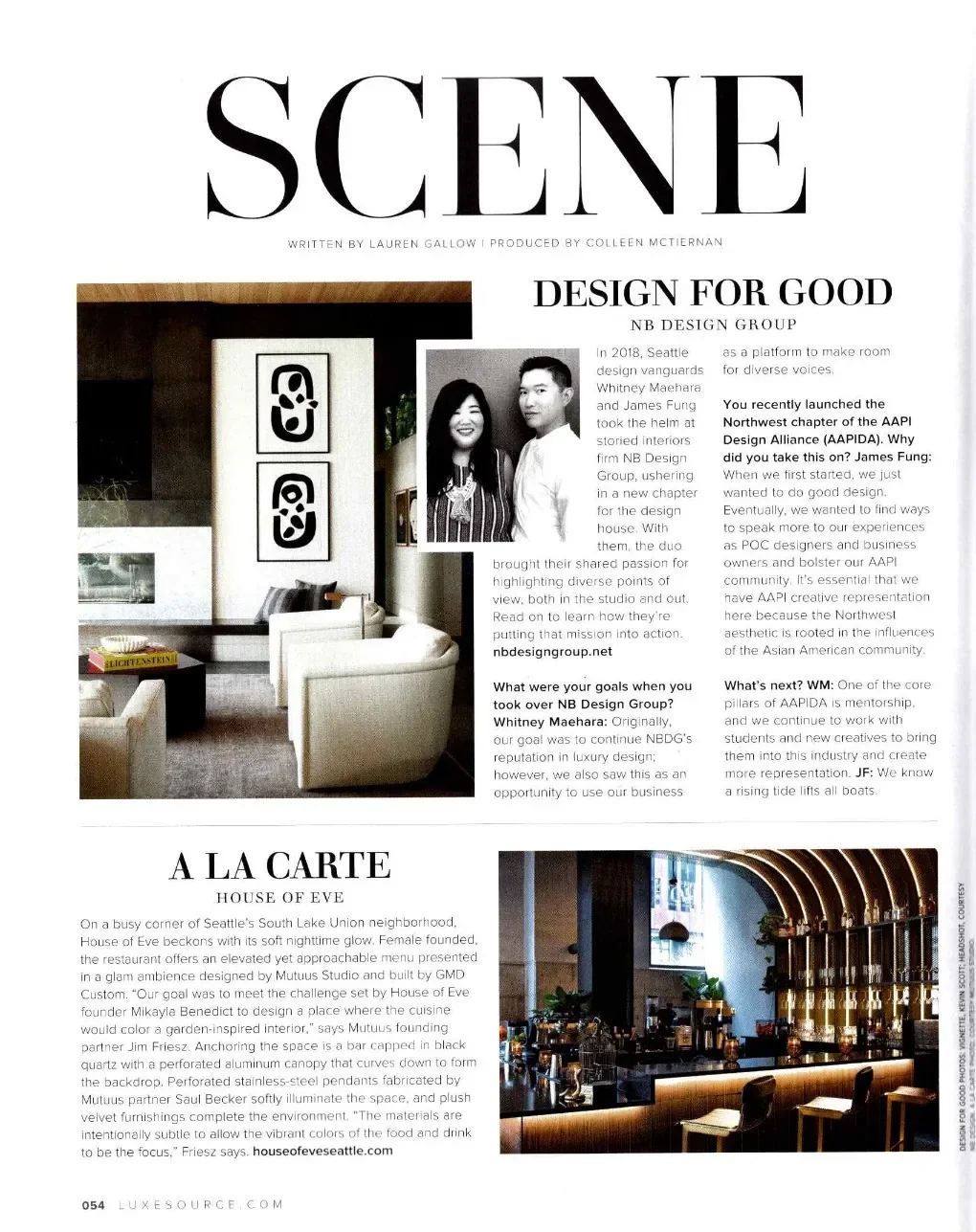 A magazine page featuring interior design articles. The top article, titled 'Design for Good,' includes a black-and-white photo of two people and showcases a modern living room with contemporary artwork. The bottom article, titled 'A La Carte, House