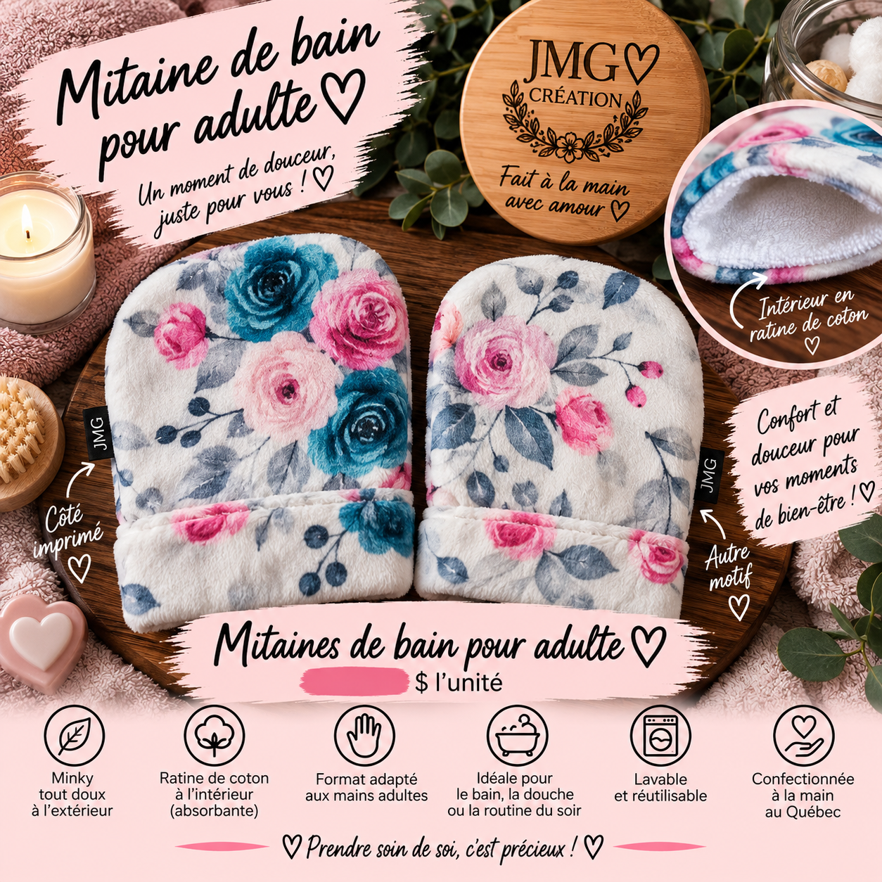 Mitaine de bain pour adulte - fleur bleu