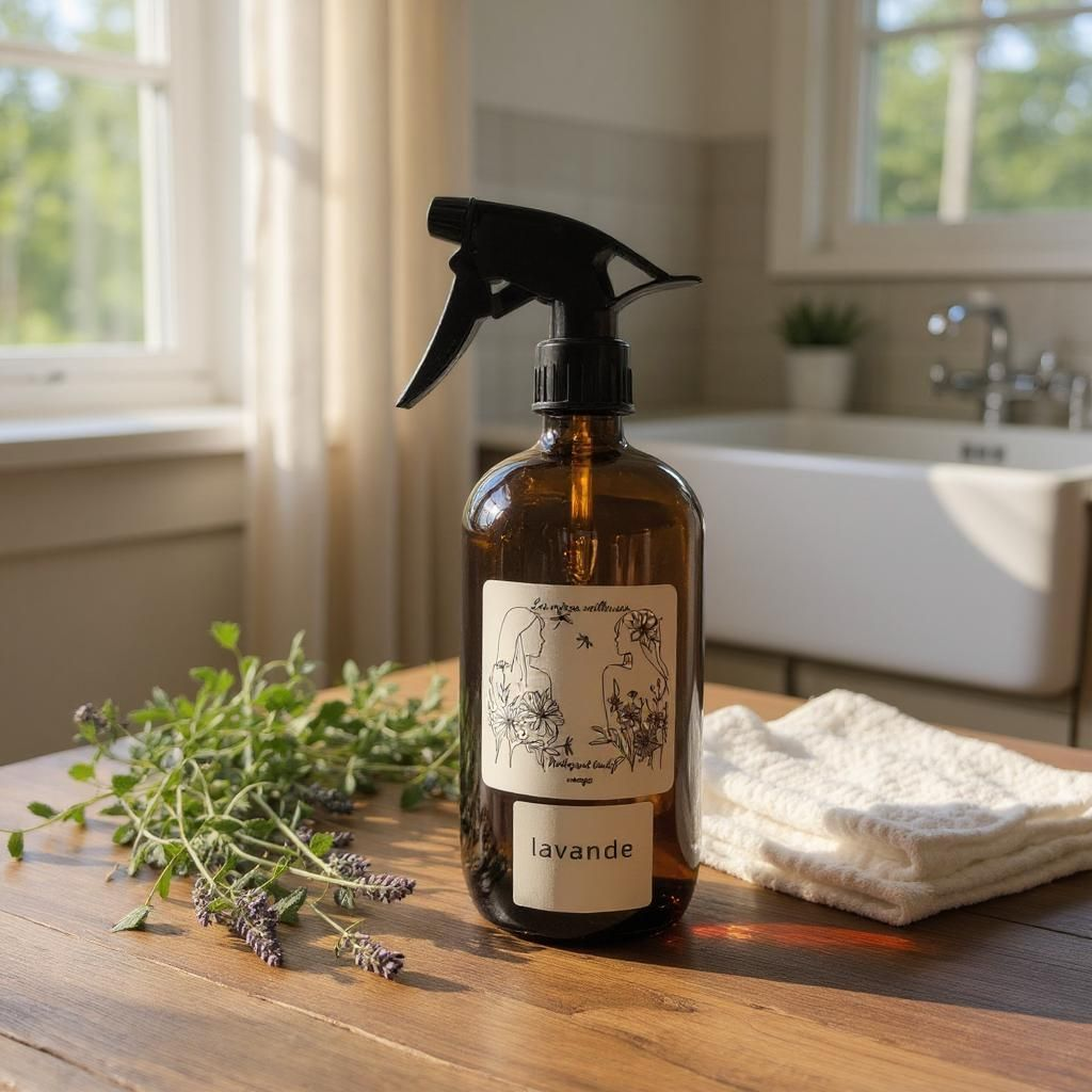 Une bouteille en verre marron avec un vaporisateur noir, étiquetée 'lavande', posée sur une table en bois. À côté, quelques branches de lavande, un chiffon blanc plié, dans une salle de bain avec une baignoire blanche et une fenêtre laissant entrer la lumière naturelle.