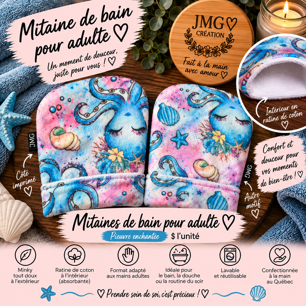 Mitaine de bain pour adulte - pieuvre