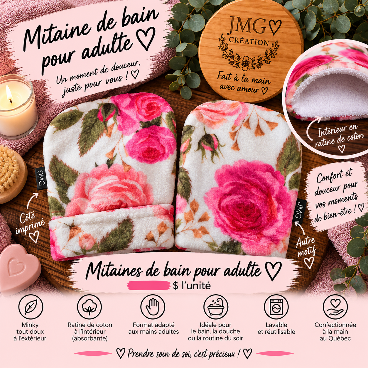 Mitaine de bain pour adulte - fleurs roses