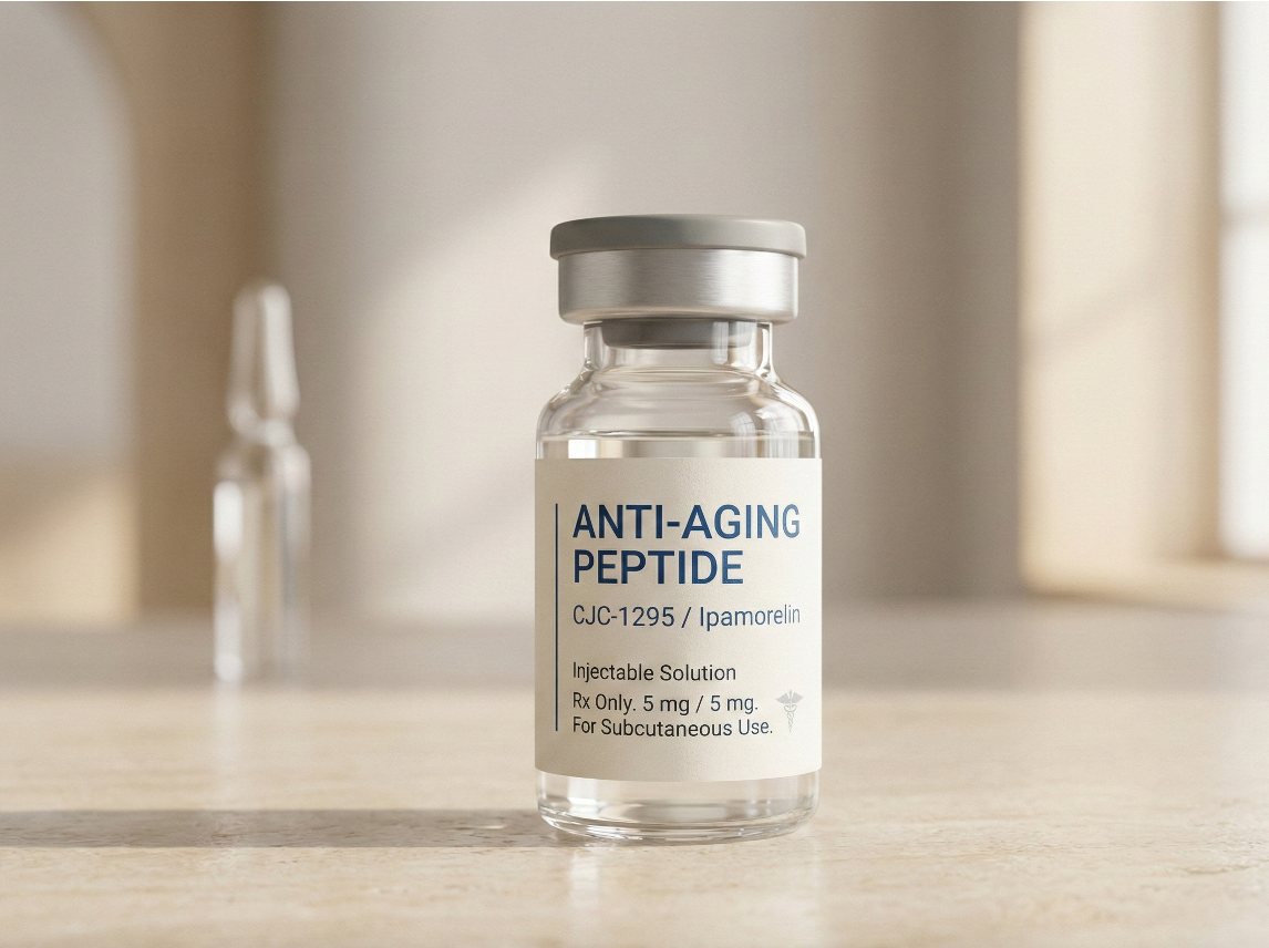 A small glass vial labeled 'Anti-Aging Peptide' with details about the medication on a wooden surface with blurred objects in the background.