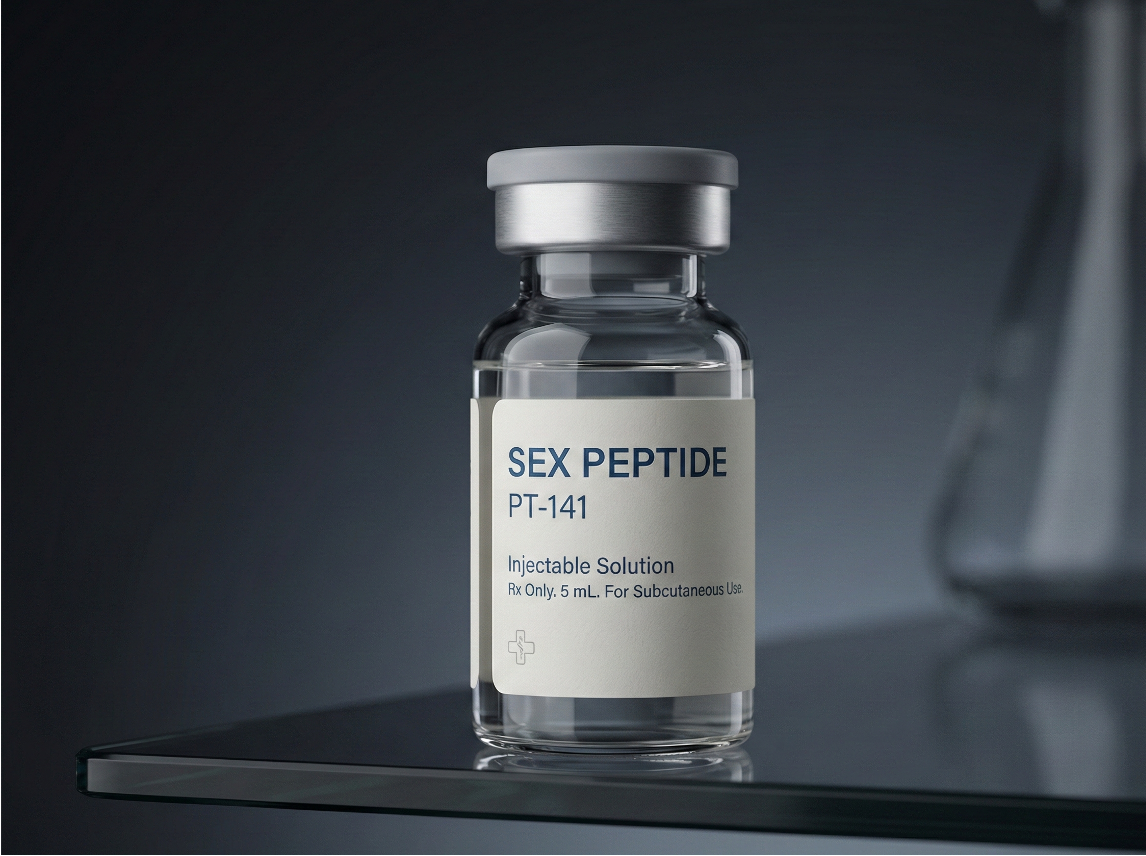 A small glass vial labeled 'SEX PEPTIDE PT-141,' containing an injectable solution, sits on a reflective surface in a clinical setting.