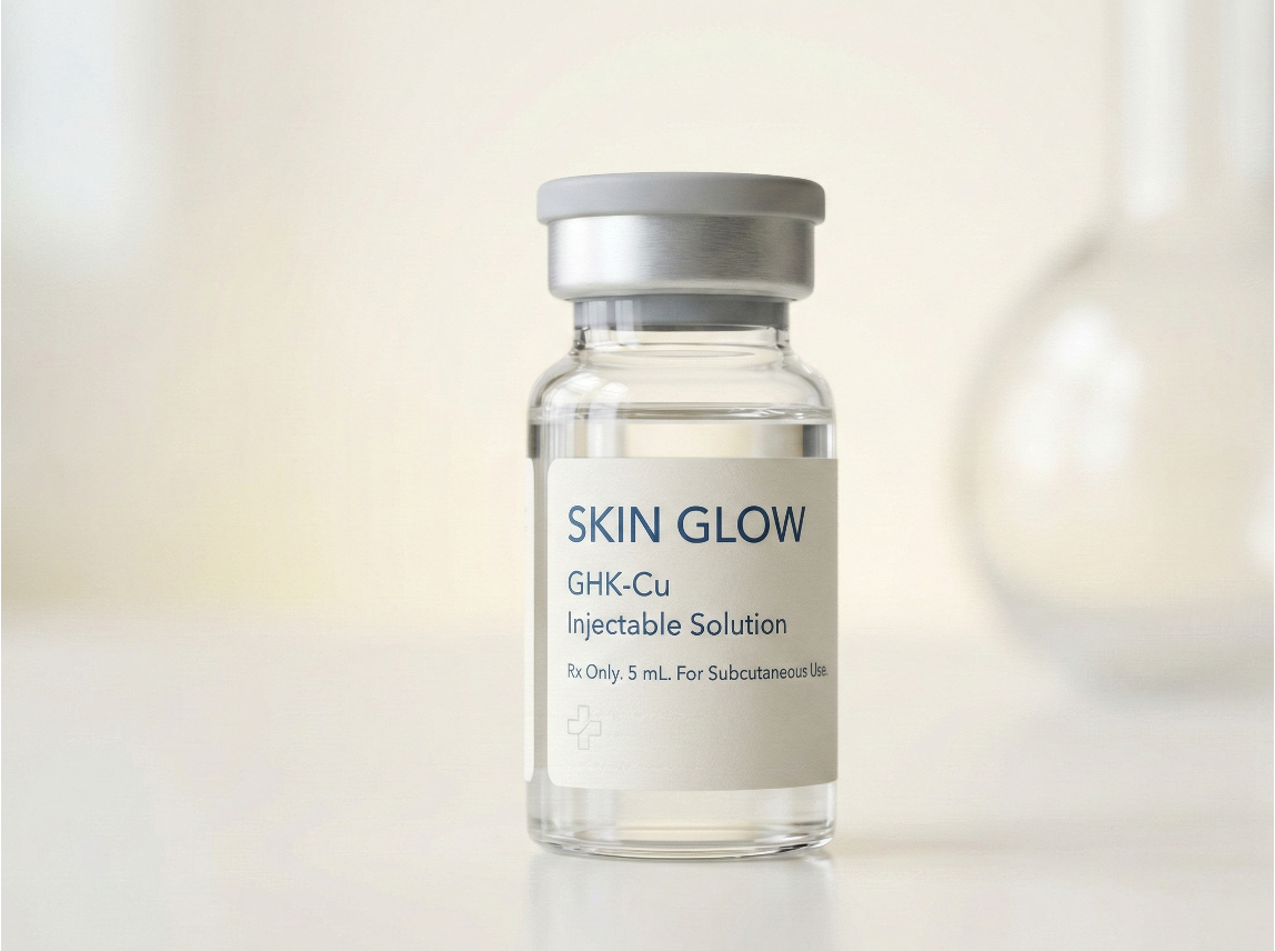 A vial labeled 'Skin Glow GHK-Cu Injectable Solution for subcutaneous use' on a light background.