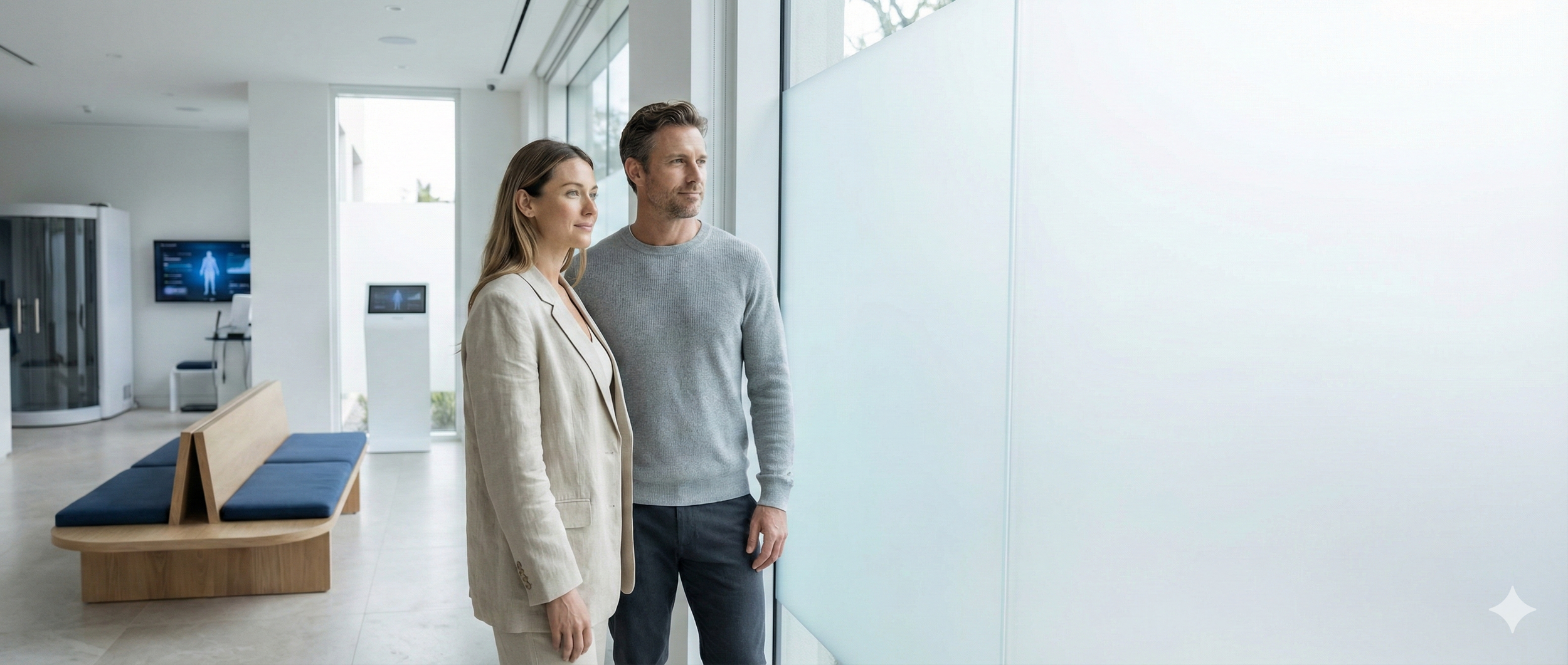 A man and woman stand side by side looking out a large window in a modern, brightly lit medical or office building.