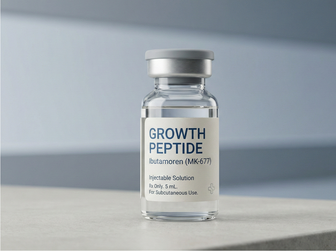 A small glass vial labeled "Growth Peptide Ibutamoren (MK-677)" with a gray cap, placed on a light gray surface against a plain background.
