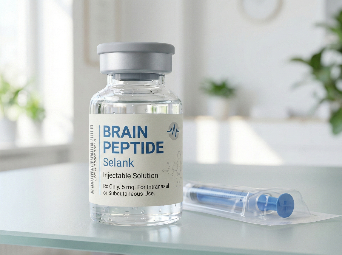 A small clear vial labeled 'Brain Peptide Selank'. The label indicates it contains an injectable solution for intranasal or subcutaneous use, with a dosage of 5 mg. The vial has a clear plastic cap. There is a syringeful of blue liquid placed next to the vial on the table. The background appears to be a bright, modern room with plants and out-of-focus windows.