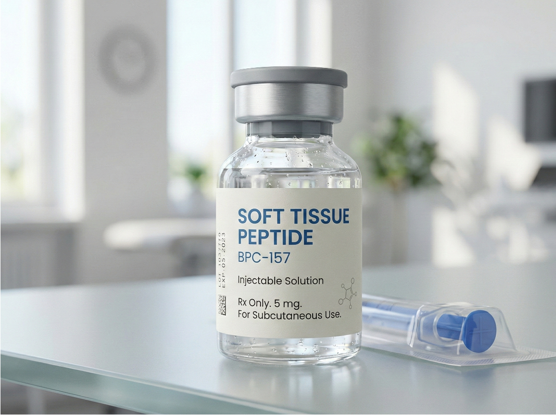 A small glass vial labeled Soft Tissue Peptide, with a syringe nearby, on a white medical table, in a bright clinical setting.