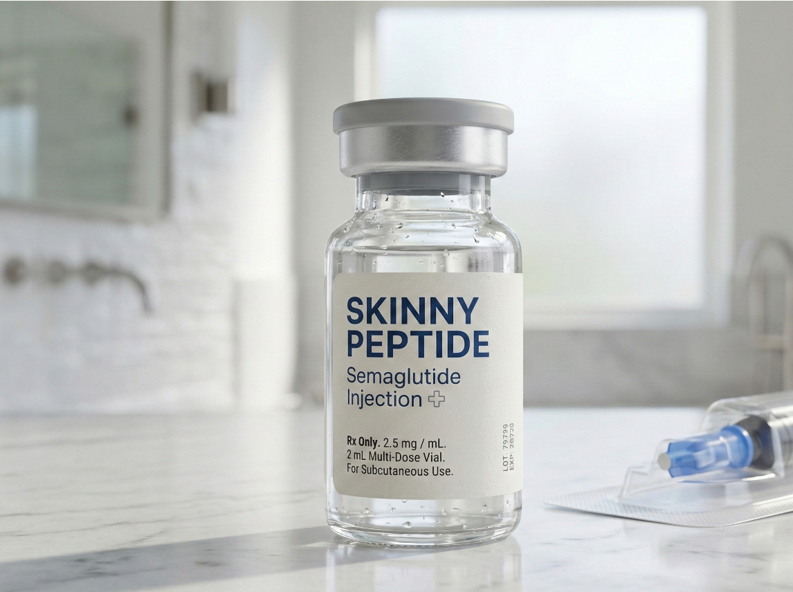 A medical vial labeled 'Skinny Peptide' with 'Semaglutide Injection' and dosage details on a white surface, next to a syringe, in a clinical setting.