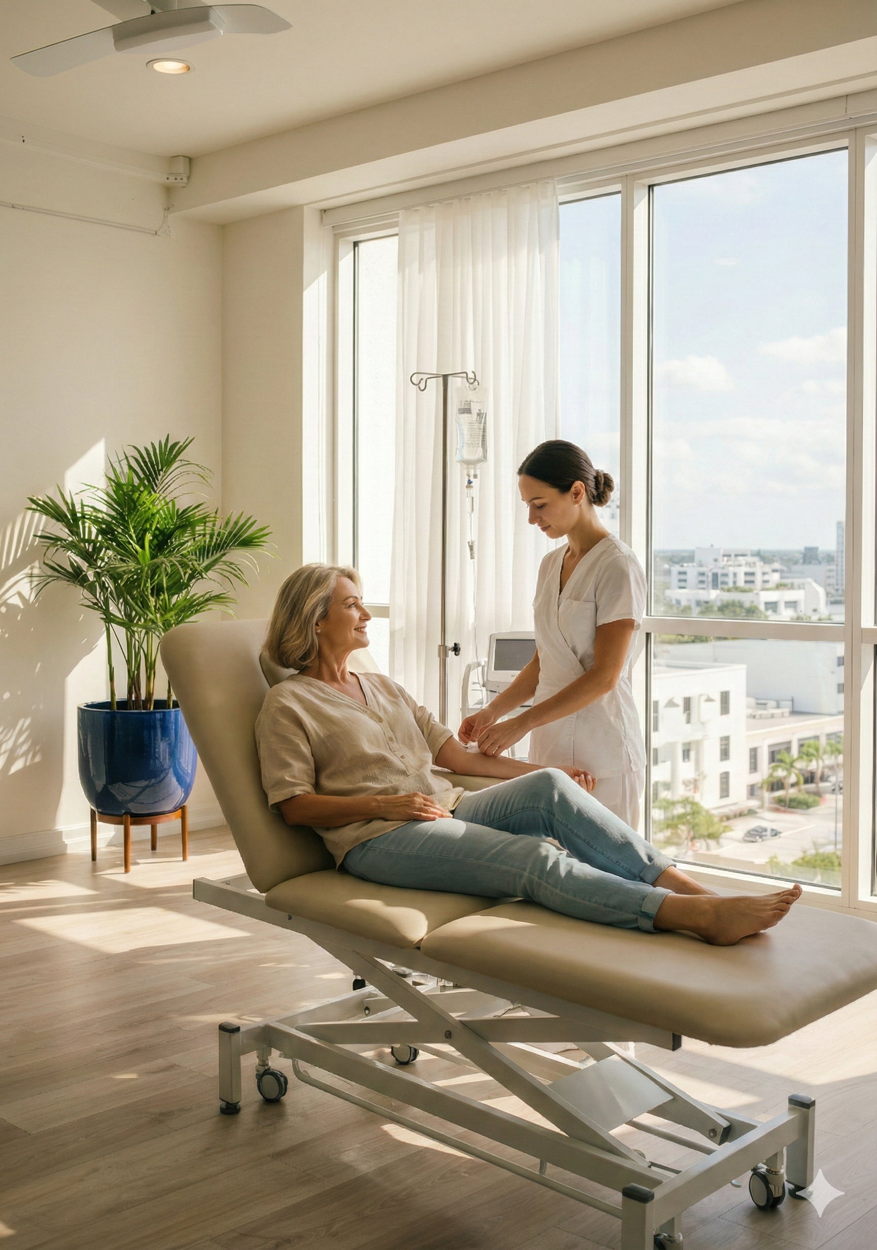 A nurse taking a patient's blood pressure in a bright hospital room with large windows, a potted plant, and cityscape view.