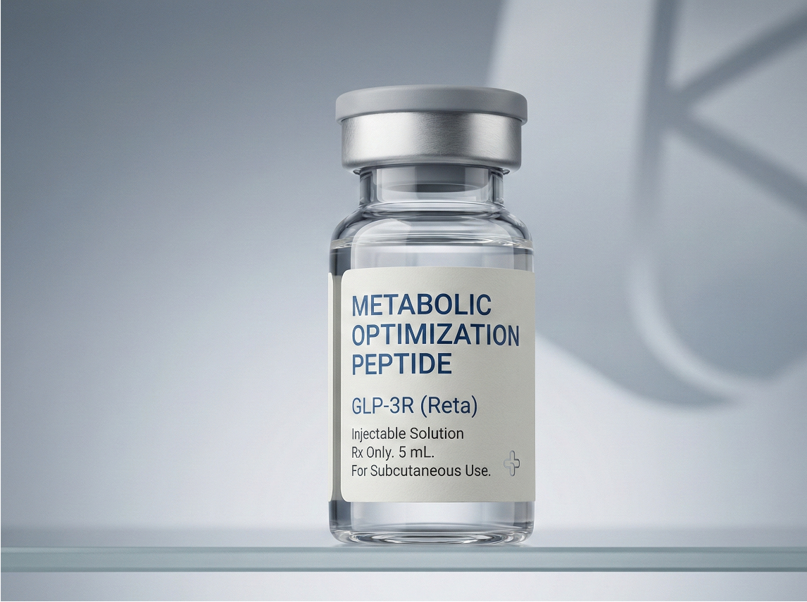 A small glass vial labeled 'Metabolic Optimization Peptide, GLP-3R (Reta)', containing a clear liquid, with a silver cap, placed on a glass shelf in a clinical or laboratory setting.