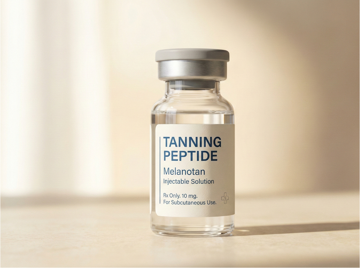 A small glass vial labeled 'Tanning Peptide Melanotan Injectable Solution' with a gray cap, placed on a light-colored surface.