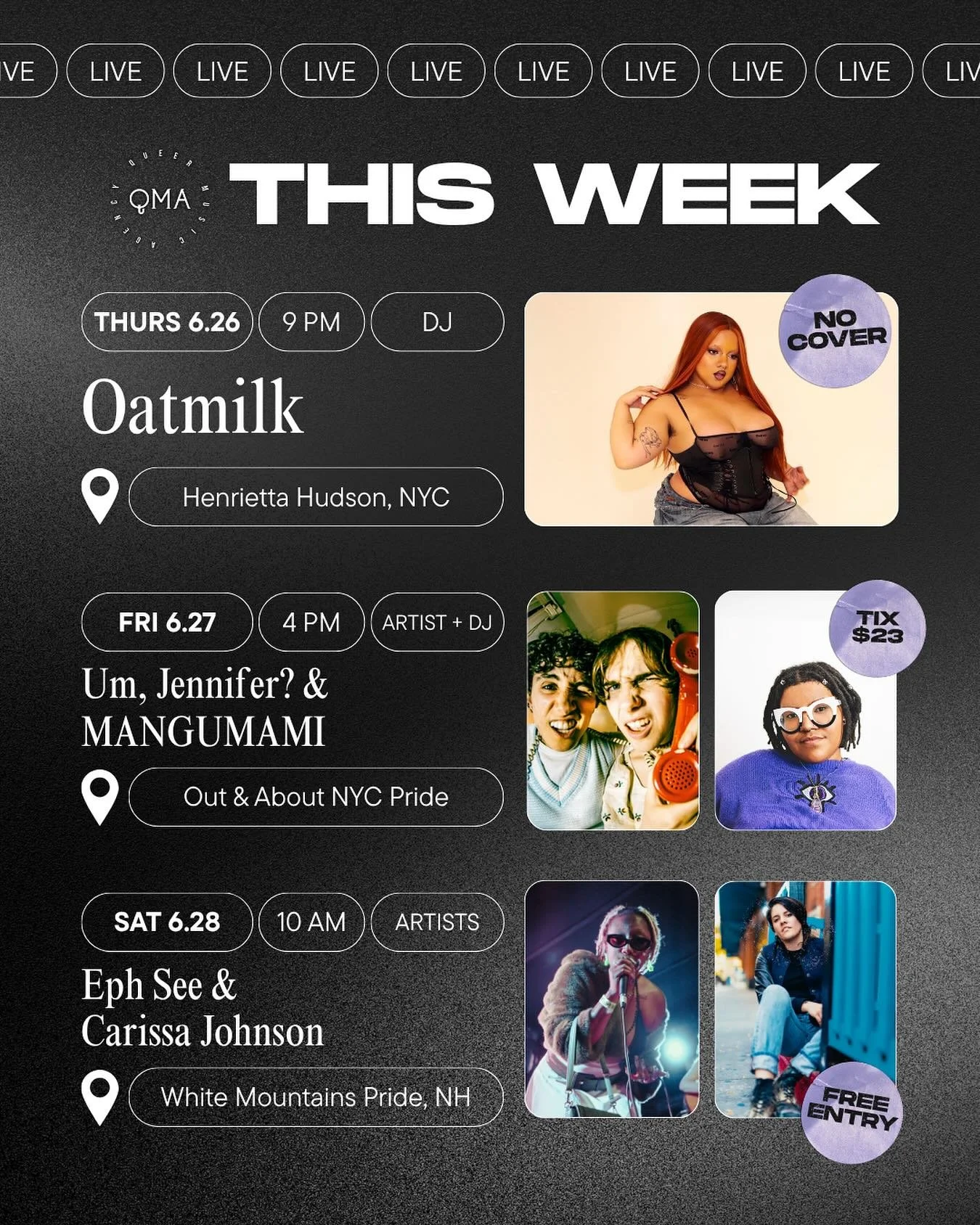 ✨ SHOWS OF THE WEEK ✨
Pride Month may be coming to an end, but the girls, gays and theys live on🌈🖤 
Join us as we close out the month with some unforgettable events happening this weekend featuring our artists and DJs @oatmilkdrunk @umjenniferthe