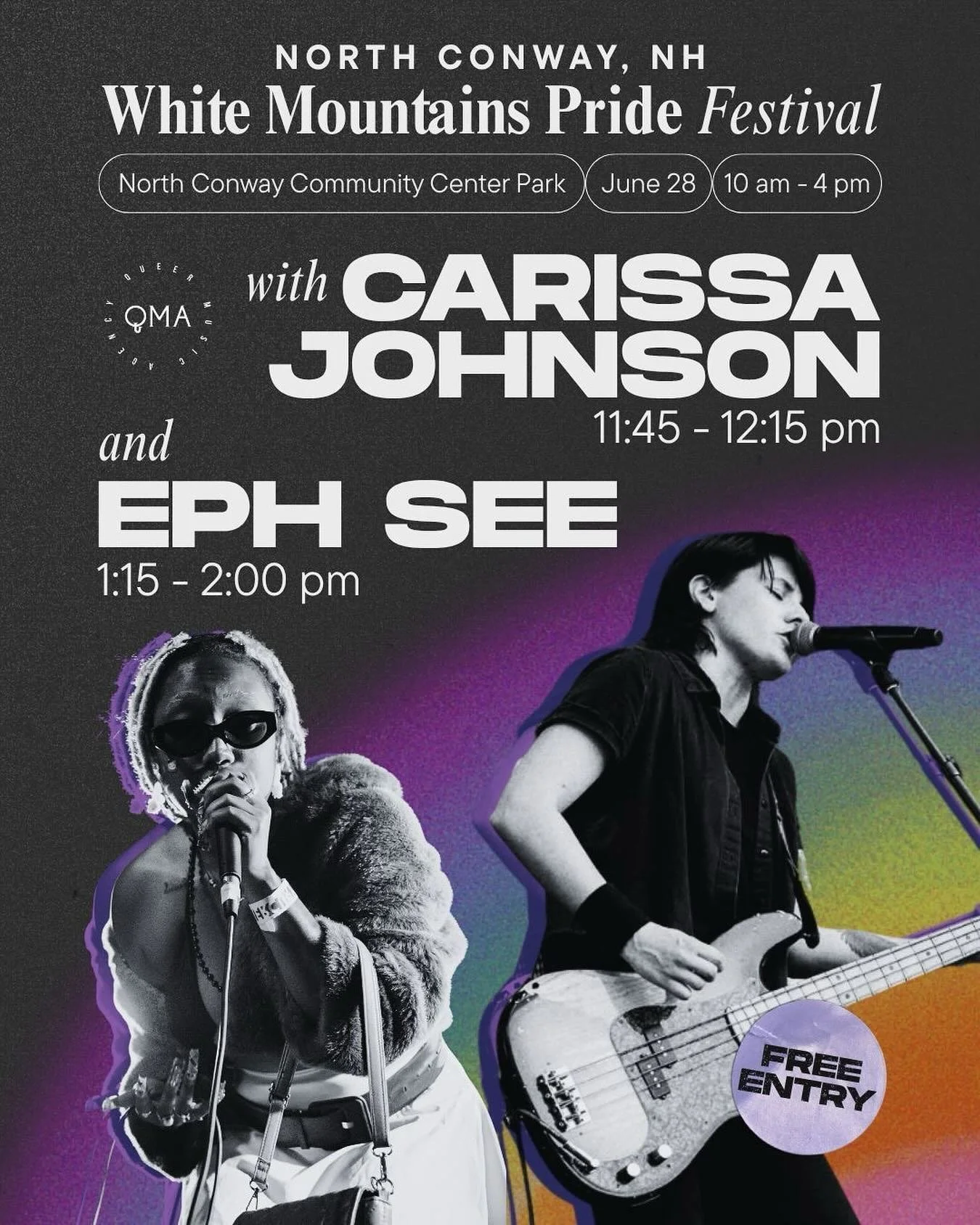 Won’t want to miss @whitemountainspride this weekend featuring performances by @eph.see and @carissajohnsonmusic ‼️‼️
Date: June 28th, 2025 
Time: 10am - 4pm
Free entry
Sets:
11:45-12:15pm @carissajohnsonmusic 
1:15-2:00pm @eph.see 
North Co