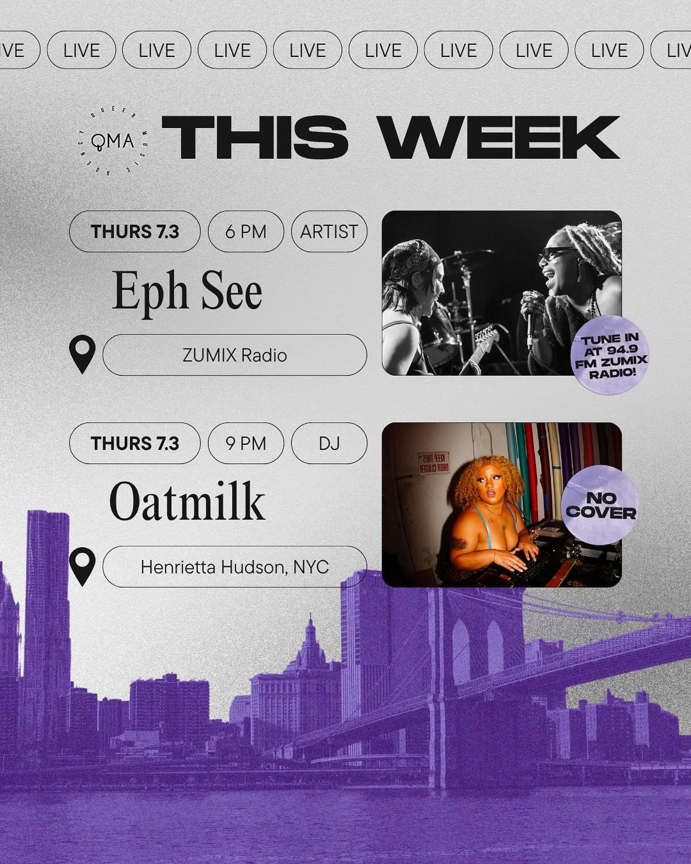 ✨ SHOWS OF THE WEEK ✨
They’re hotter…bolder…July is here and queer, darling💋🖤
Join us as we kick off the month in the best way possible with some memorable events happening this week featuring @eph.see & @oatmilkdrunk :
T