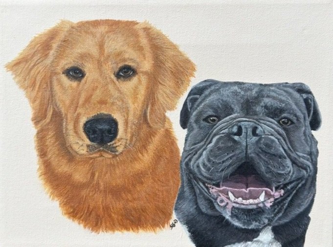 Painting of two dogs, a golden retriever and a black French Bulldog.