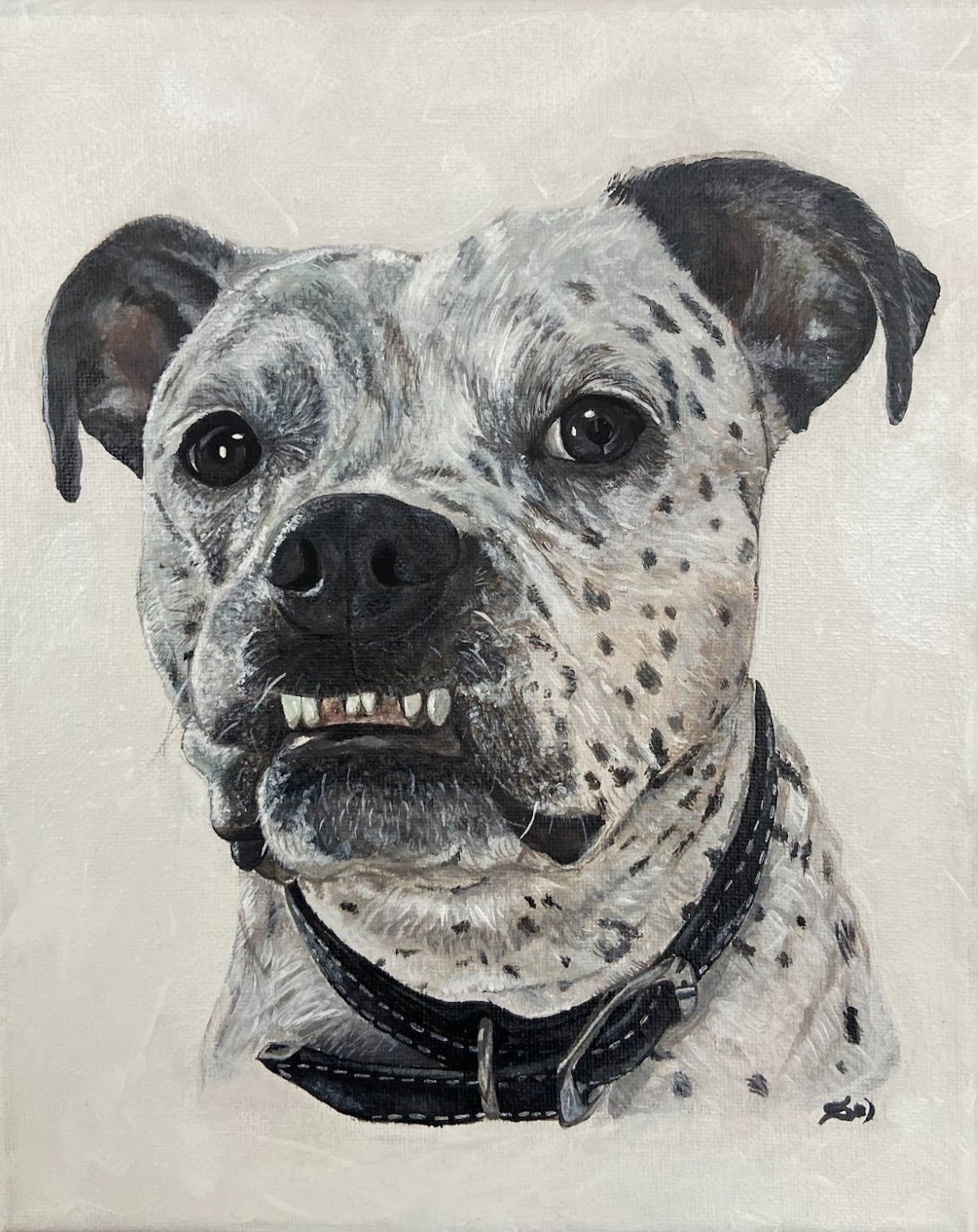 Painting of a dog with a gray and black spotted coat, wearing a black collar, showing a slightly aggressive expression with teeth slightly visible.