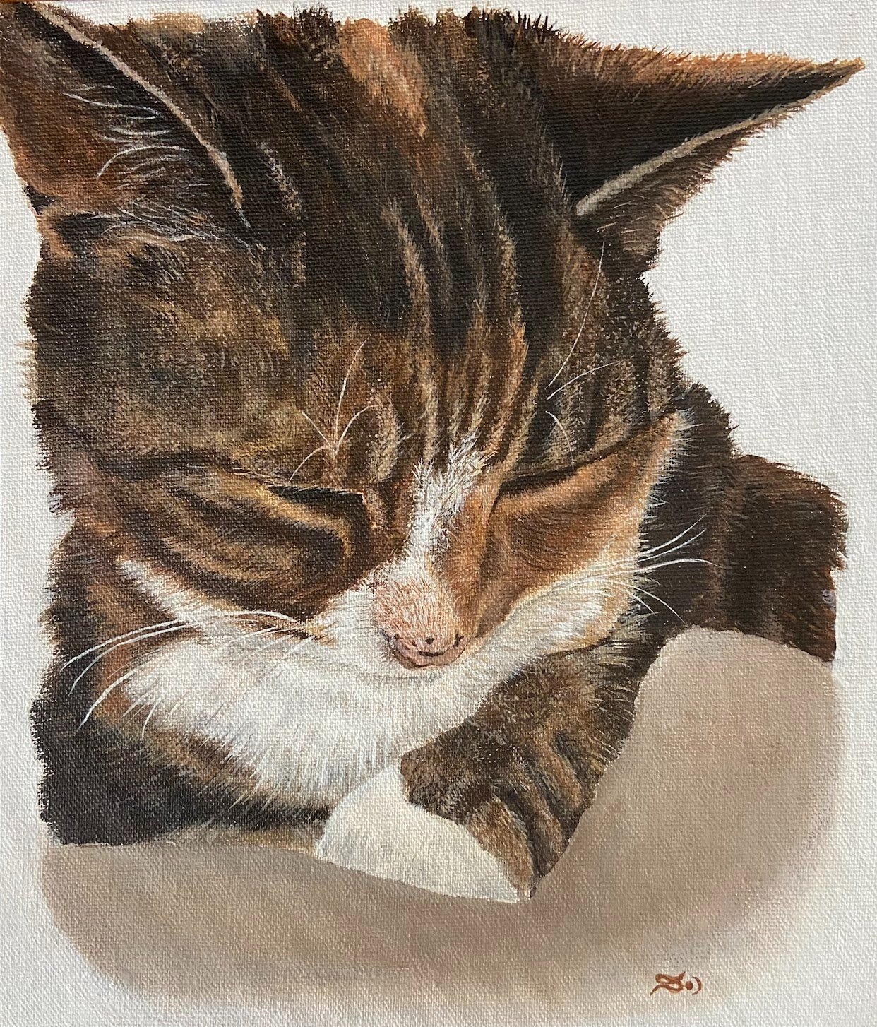 A detailed painting of a tabby cat with brown, black, and white fur, sleeping with its eyes closed and head resting on its front paw.