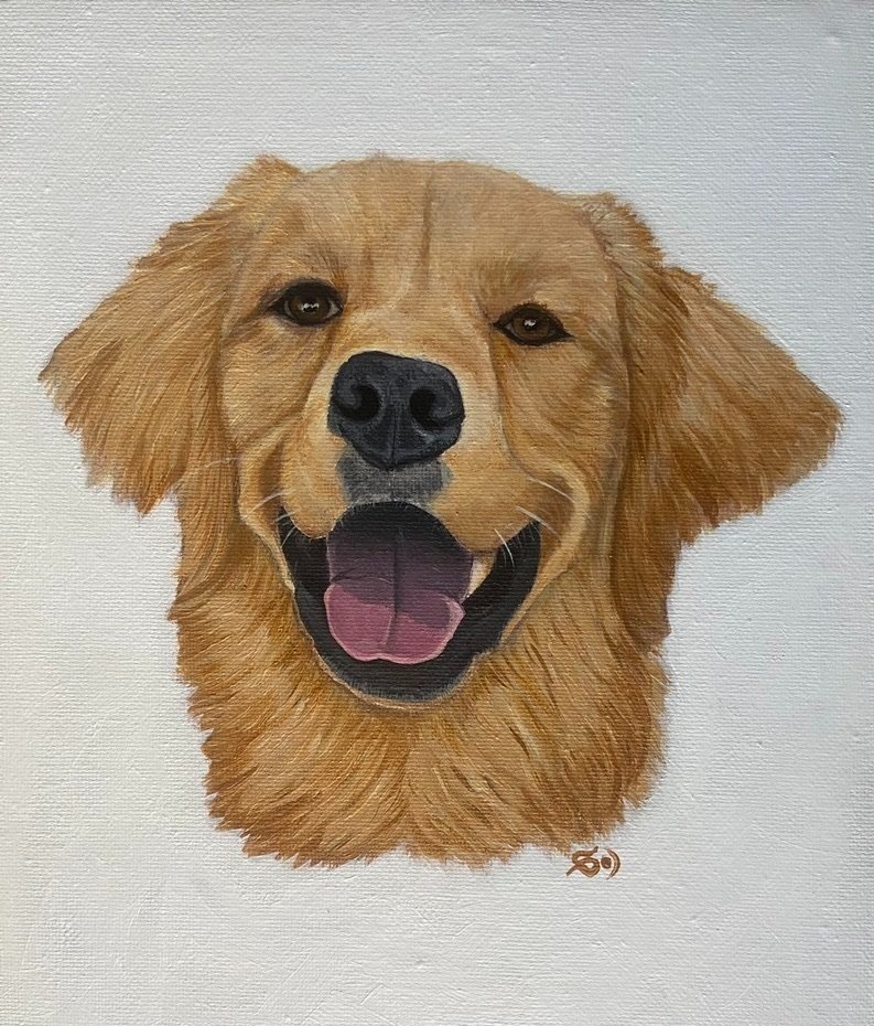 Painting of a happy golden retriever's face with a pink tongue out and expressive eyes on a white background.