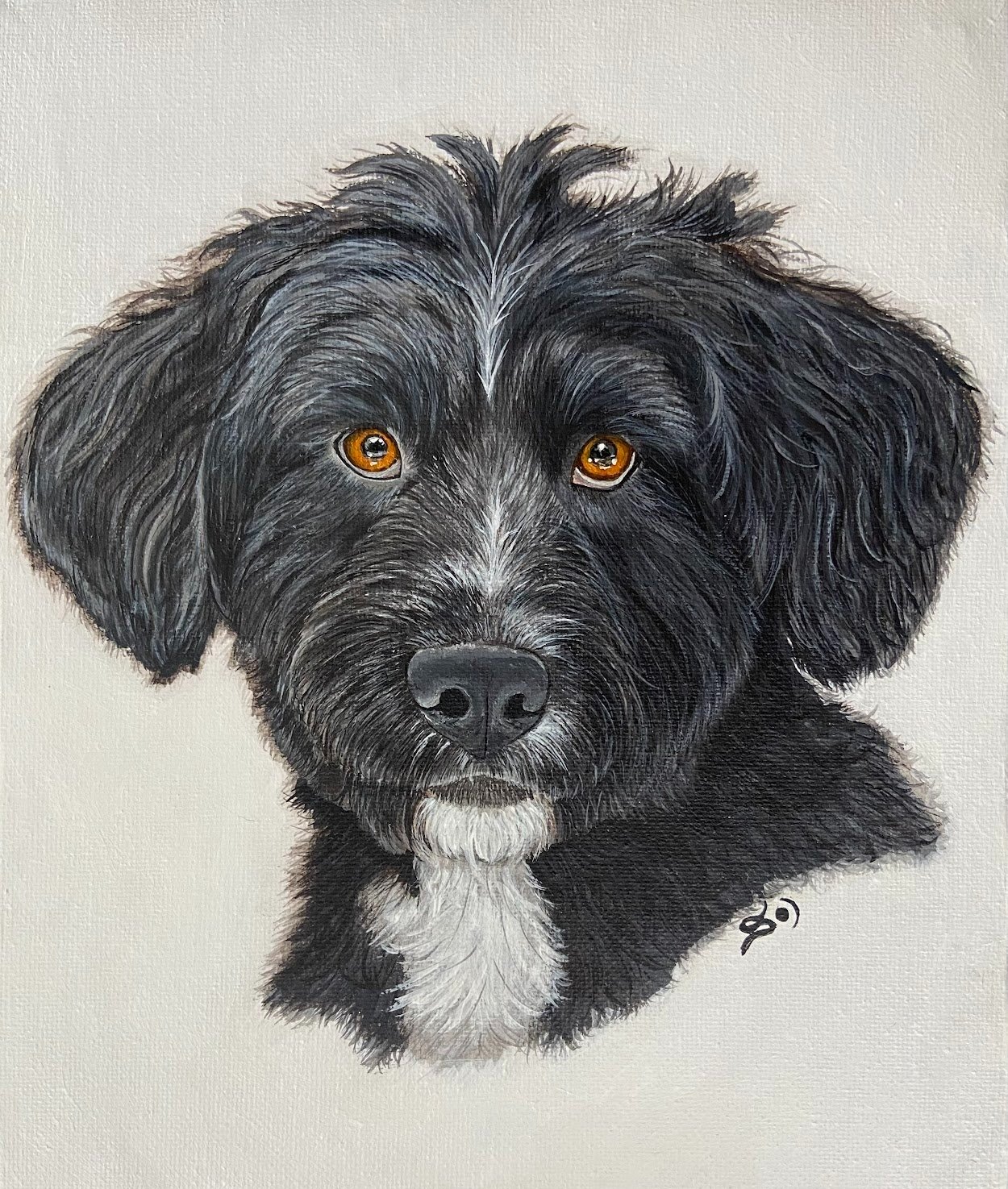 Painting of a black and white dog with brown eyes and a soulful expression.