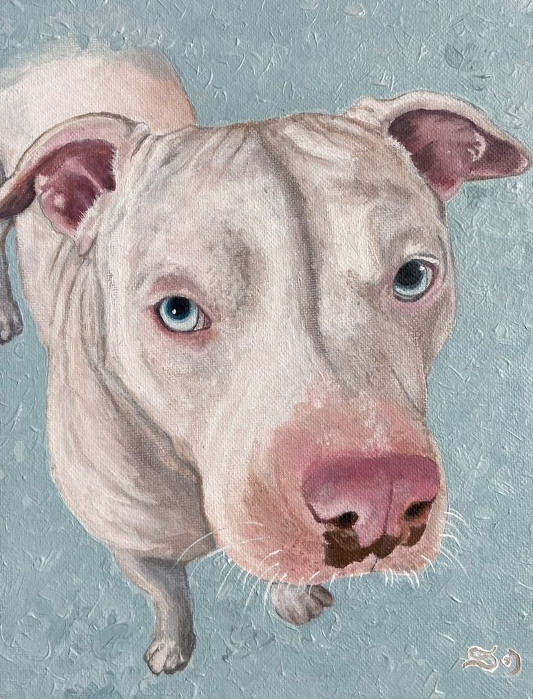 Painting of a white dog with blue eyes and pink nose, facing the camera, on a textured blue background.