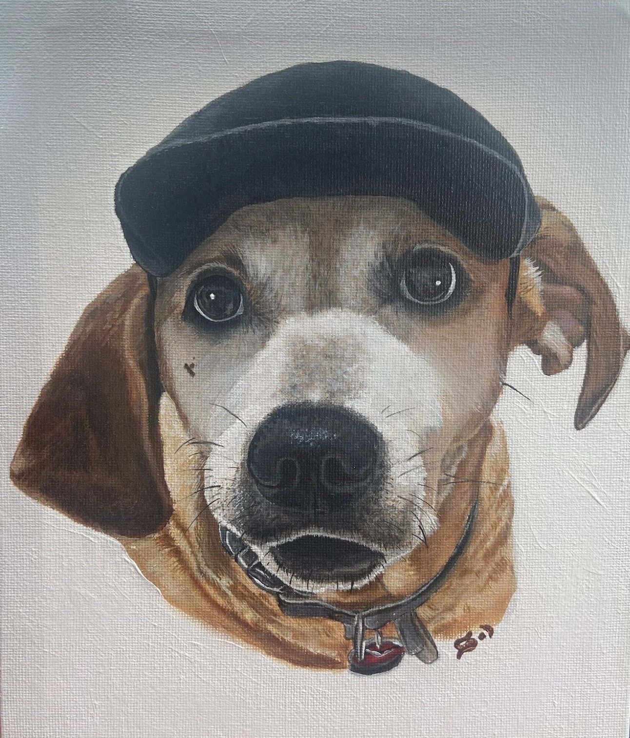 Painting of a dog wearing a black cap and a tan collar, with detailed realistic features and a neutral background.