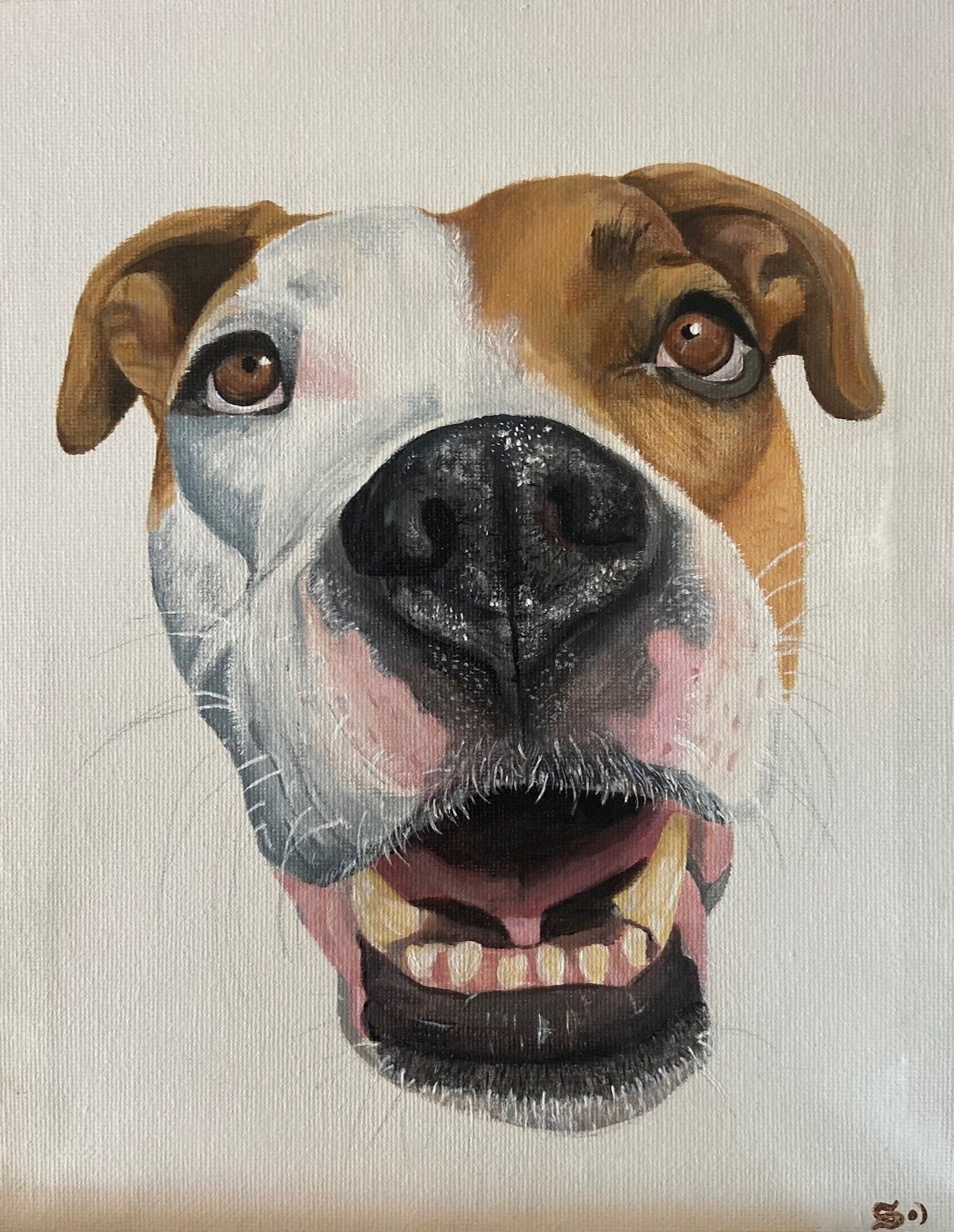 Painting of a happy dog with a brown and white face, large nose, and an open mouth showing teeth, against a plain light background.