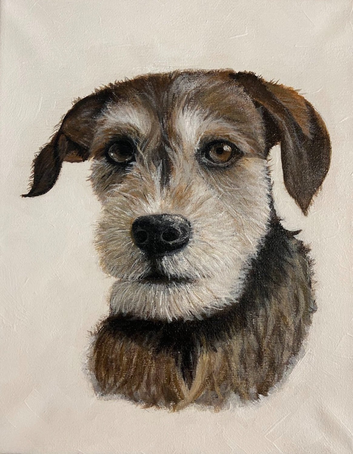 Painted portrait of a dog with brown, black, and white fur, looking directly at the viewer, on a plain background.