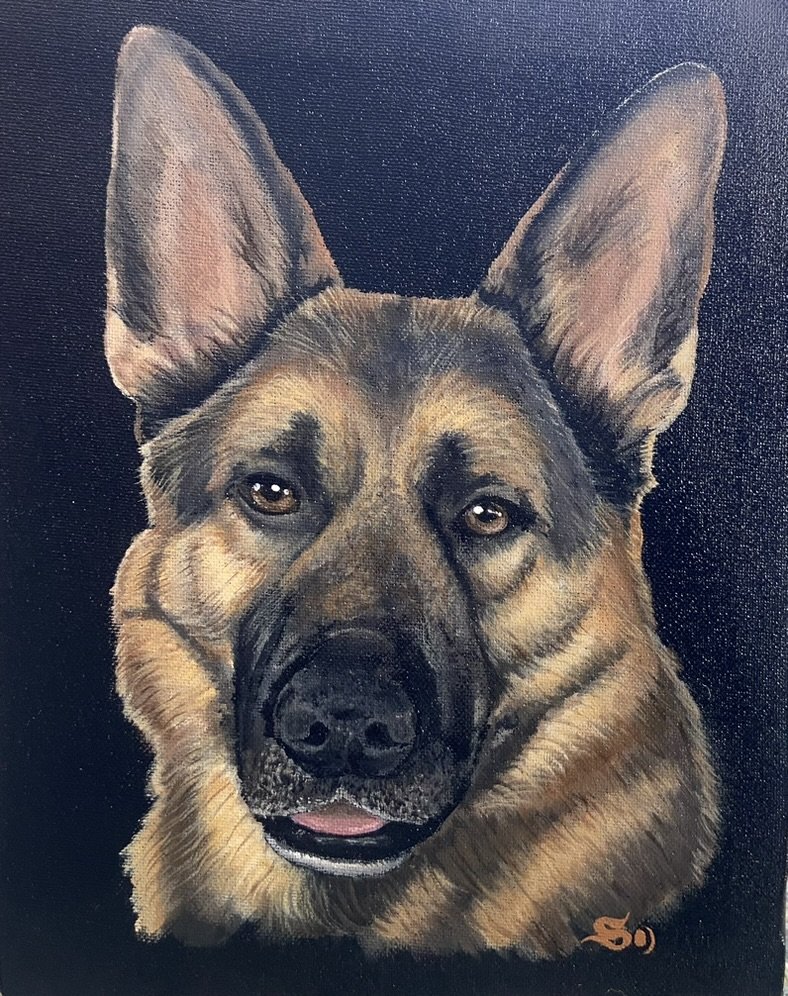 Painting of a German Shepherd dog with perked ears and a friendly expression, on a black background.