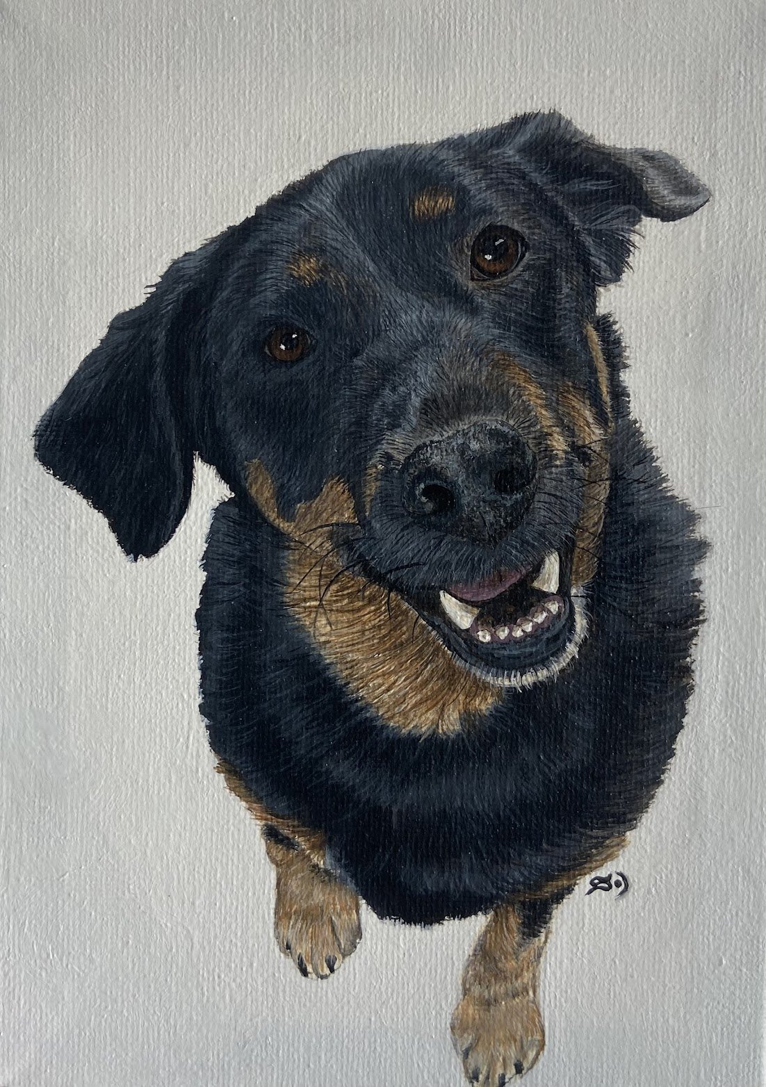 Painting of a happy black and tan dog with floppy ears and a wide smile, showing teeth, on a plain white background.